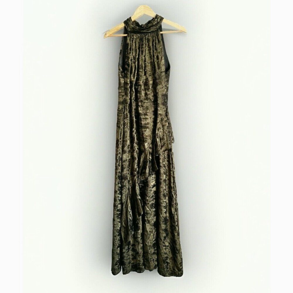 Alex Marie Tiffany Metallic Gold Halter Tiered Ruffle Dress Sz 14 Evening Party